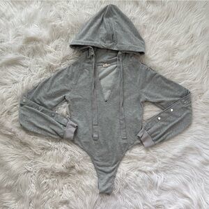 Gray Hooded Bodysuit with Button Cuffs - FASHION NOVA